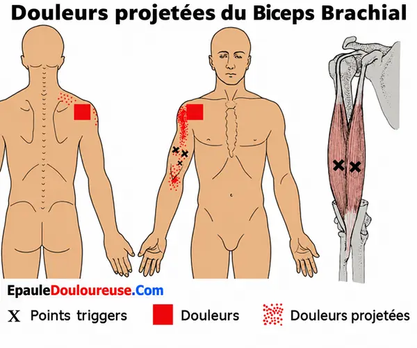 Points trigger du biceps brachial et schéma possible de douleur projetée